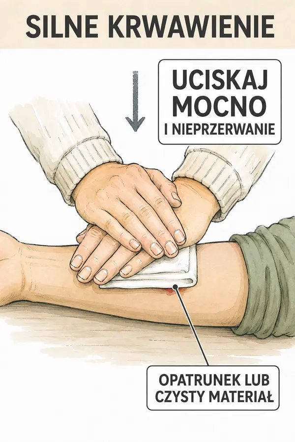 Dwie dłonie mocno i nieprzerwanie uciskają ranę przez opatrunek lub czysty materiał.