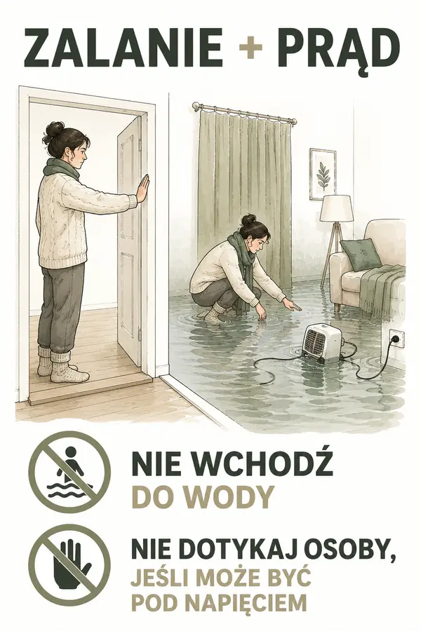 Osoba pozostaje poza zalaną strefą z przewodami i urządzeniem oraz nie dotyka osoby mogącej być pod napięciem.